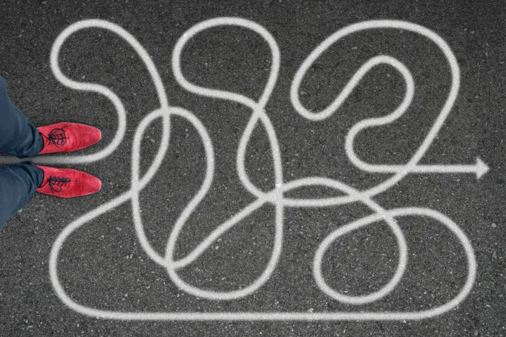 Red shoes on path shaped like "2023".